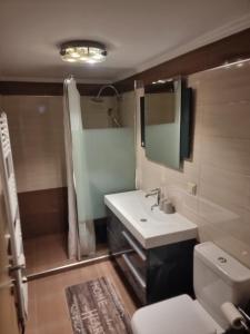 a bathroom with a sink and a toilet and a shower at Blue Serenity in Nea Vrasna