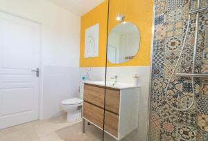 a bathroom with a toilet and a sink and a shower at Maison Lafitte-Vigordane in Lafitte-Vigordanne +11 photos