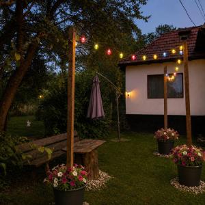 a garden with a bench and an umbrella and lights at Casa de vacanta La Tataie in Plaiu