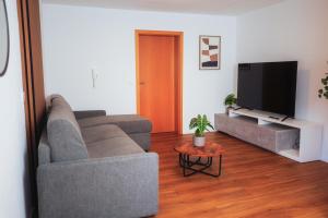 a living room with a couch and a flat screen tv at Black Forest Living am Marktplatz in Freudenstadt