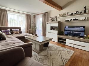 a living room with a couch and a tv at Orlikowe Wzgórze in Rabe