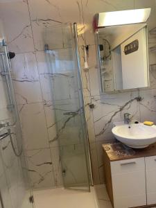 a bathroom with a glass shower and a sink at Irma Haus in Jadranovo +10 photos