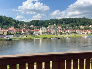 a view of a town from a river with houses at Alles Gute Wehlen in Stadt Wehlen