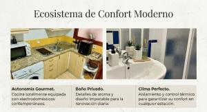 a collage of two pictures of a kitchen at Ocre y Cal in Consuegra