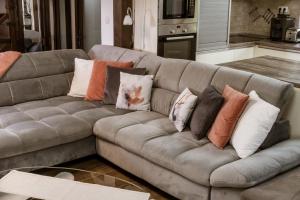 a gray couch with pillows on it in a living room at Green Valley Guesthouse in Izvoru Mureşului