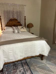 a bedroom with a bed with a white comforter at Pink house in Port Antonio