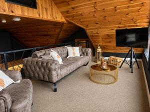 a living room with a couch and a flat screen tv at Hotel Falcon in Žabljak