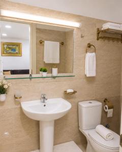 a bathroom with a sink and a toilet and a mirror at Apartament Drasa in Gjirokastër +21 photos
