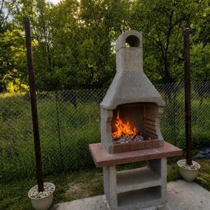 a stone oven with a fire in a yard at Casa de vacanta La Tataie in Plaiu +32 photos