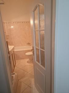 a bathroom with a toilet and a sink and a door at Apartment nad Sveikem in Karlovy Vary