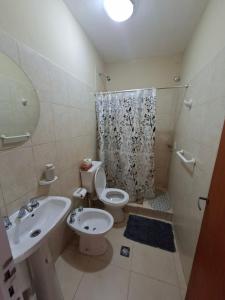 a bathroom with a toilet and a sink and a shower at Departamentos Roxy in Viedma