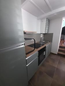 eine Küche mit einem Edelstahlkühlschrank und einer Spüle in der Unterkunft Lumie in Palermo