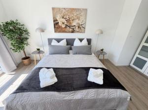 a bedroom with a large bed with two tables at RegioStyle-Gemuetliche-Wohnung-im-Schaalseepark in Zarrentin