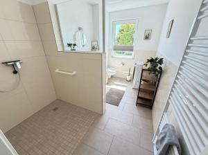 a bathroom with a shower and a sink and a toilet at RegioStyle-Gemuetliche-Wohnung-im-Schaalseepark in Zarrentin +13 photos