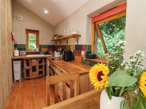 a kitchen with a wooden counter and a window at Brambly Cabin in Crediton +12 photos