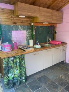 a kitchen with a counter and a sink at Gîte Anolis in Saint-François