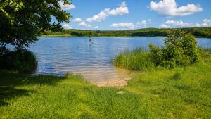 a person on a paddle board in a lake at Chëczka - 2min do Jeziora in Zbychowo
