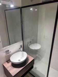 a bathroom with a sink and a shower at Colón 2 in Mar del Plata