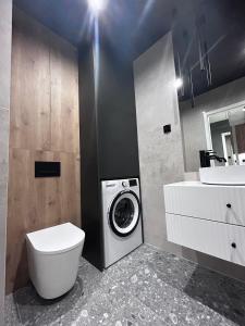 a bathroom with a washing machine and a sink at Apartament z Tarasem Parking Smart TV Wi-Fi in Sosnowiec +6 photos
