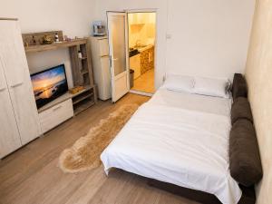 a living room with a bed and a television at Garsonieră in Năvodari