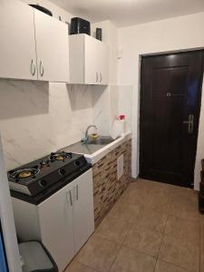 a kitchen with a stove and a sink and a black door at Garsonieră in Năvodari