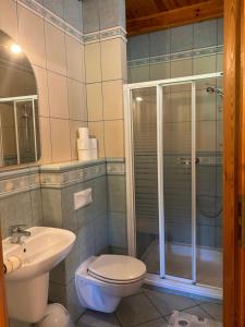 a bathroom with a toilet and a sink and a shower at k.e.m.p. inn in Krzycko Małe +17 photos