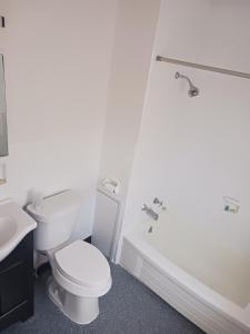 a bathroom with a toilet and a tub and a sink at Chapel Hill Motel in Moran