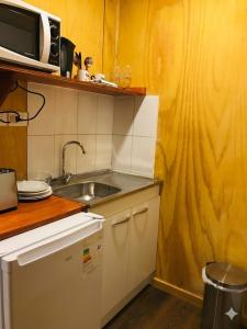 a small kitchen with a sink and a microwave at Borde Lago IV - V in Puerto Varas +3 photos