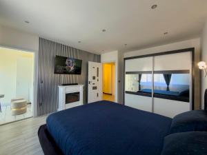 a bedroom with a blue bed and a fireplace at Luu's Studio! in Hunedoara