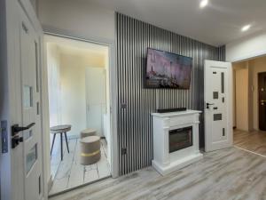 a living room with a fireplace and a tv on the wall at Luu's Studio! in Hunedoara