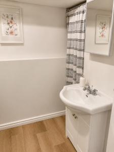 a white bathroom with a sink and a shower curtain at The Bunny Street Getaway! in Kenora