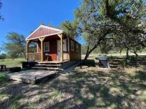 a small cabin in a field with a tree at Hill Country Cabin 4 in Canyon Lake +15 photos