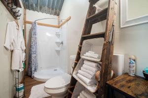 a bathroom with a toilet and a bunk bed at Hill Country Cabin 1 in Canyon Lake