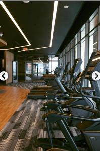 a row of exercise bikes lined up in a gym at Atl oasis in Atlanta
