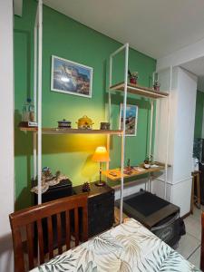 a bedroom with green walls and a bed and shelves at KAD Alojamiento in Mendoza