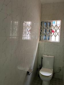 a white bathroom with a toilet and a window at Mavis Lodge in Janman