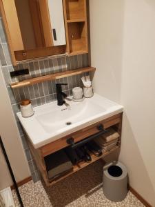 a bathroom with a white sink and a mirror at tomariel in Ō-shima