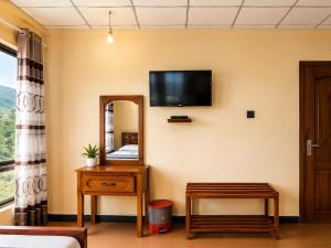 a room with a mirror and a tv on the wall at The Green View Guest House Haputale in Haputale