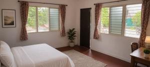 a bedroom with a bed and windows and a desk at Nature Nest In in Auroville