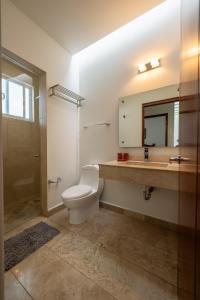 a bathroom with a toilet and a sink and a mirror at Días tranquilos dentro de El Refugio in San José el Alto