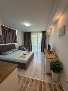 a bedroom with a bed and a desk in a room at Студио Симона 5 първа линия море in Lozenets +16 photos