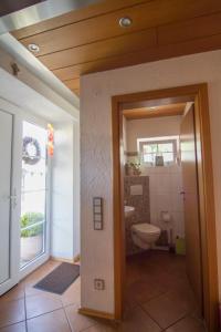 a bathroom with a toilet and a sink at Ferienhaus Wildblick in Schleiden