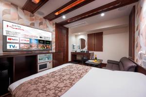 a hotel room with a bed and a flat screen tv at HOTEL Karin in Tokyo