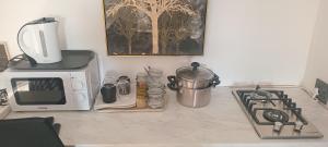 a kitchen counter with a microwave and a stove at Team Sek Guest Studio in Mahikeng