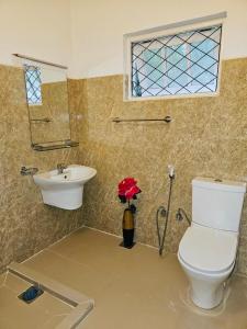 a bathroom with a toilet and a sink and a window at Deke Kanuwa in Kandy