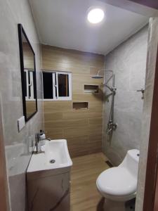 a bathroom with a sink and a toilet and a mirror at Lugar tranquilo in Santo Domingo