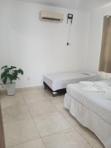 a white room with two beds and a plant at Casa Jacuipe temporada in Camaçari