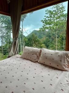 a bed with two pillows in front of a window at Dốc Mơ Homestay in Bản Bé