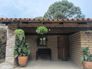 a brick shed with a wooden door and potted plants at Cabaña El Fresno in La Petaca