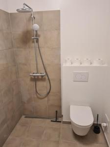 a bathroom with a shower and a toilet at Hotel Damm in Aalborg